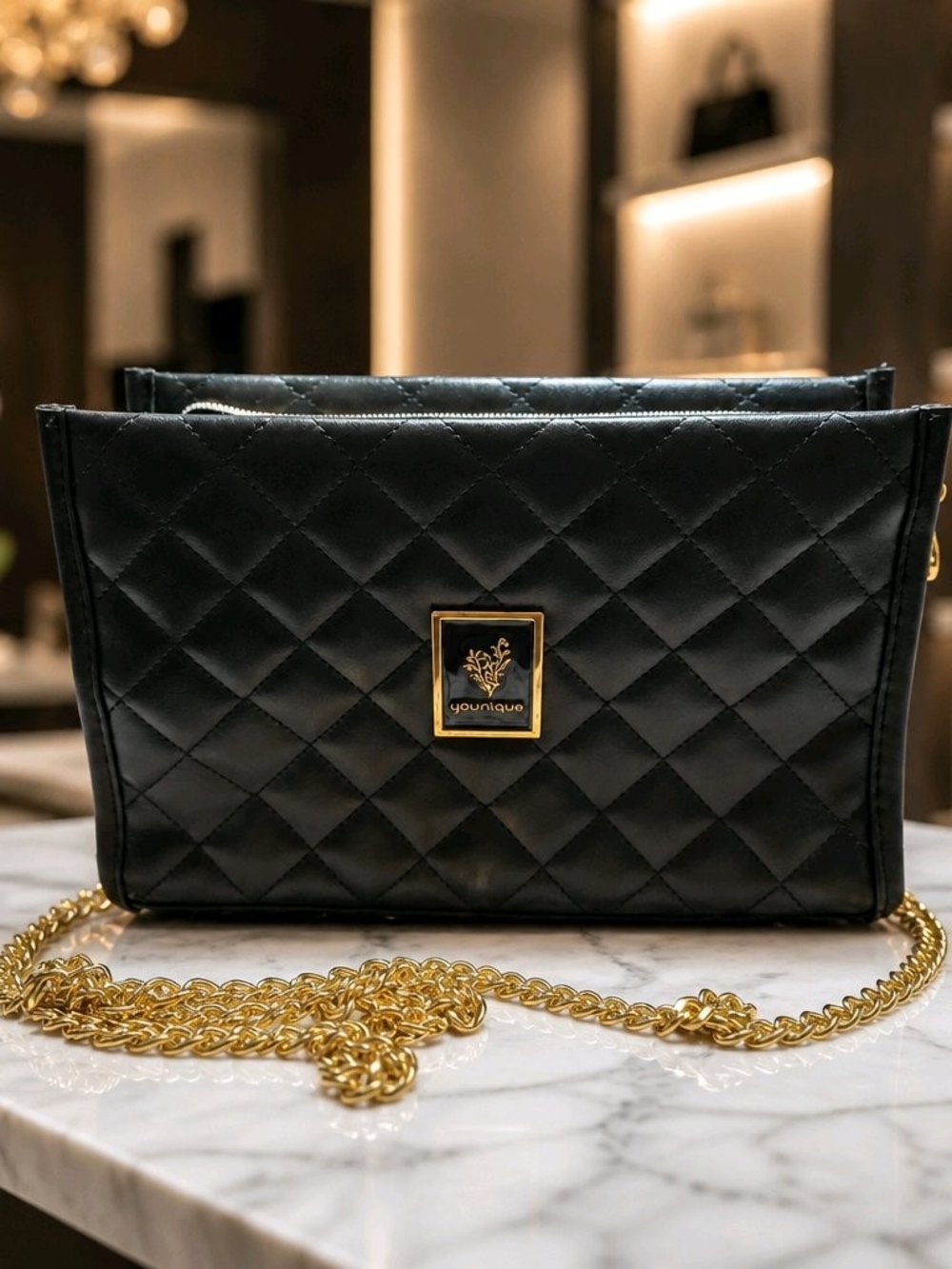 Younique Black Quilted Crossbody with Gold Chain Strap
